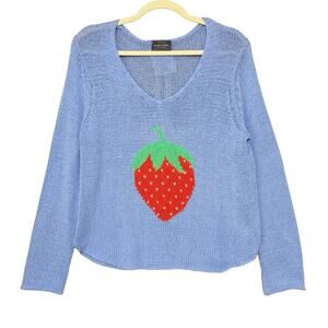 Wooden Ships Paola Buendia STRAWBERRY V COTTON SWEATER Blue Loose Knit NWT